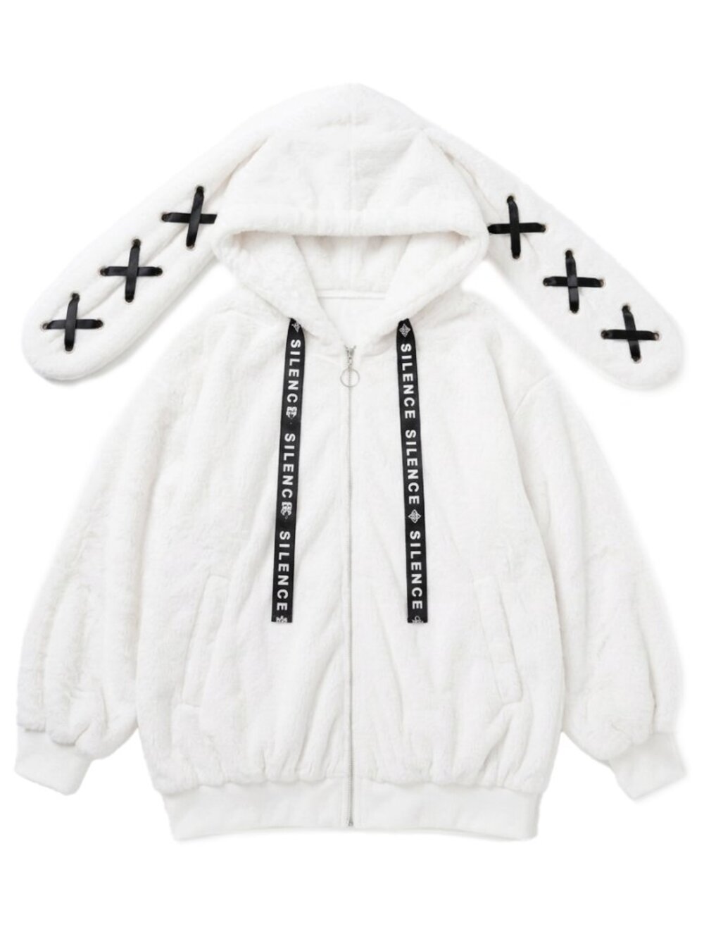 NEW RESHAM Silence Bunny Ear White Black Faux Fur Oversized Jacket -UNISEX